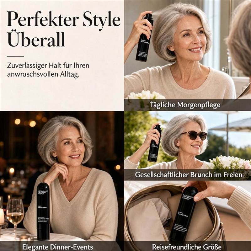 👩 Volumen- und Fixierspray mit Pfirsichduft – für leichtes, schwungvolles Haar und langanhaltenden Halt.