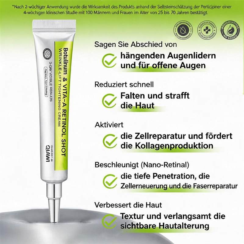 🔥Nur noch 3 Stunden: 70 % Rabatt🔥 QIAWI™ Botulinum & Vita-A Retinol Shot – Straffende Creme gegen Falten✨